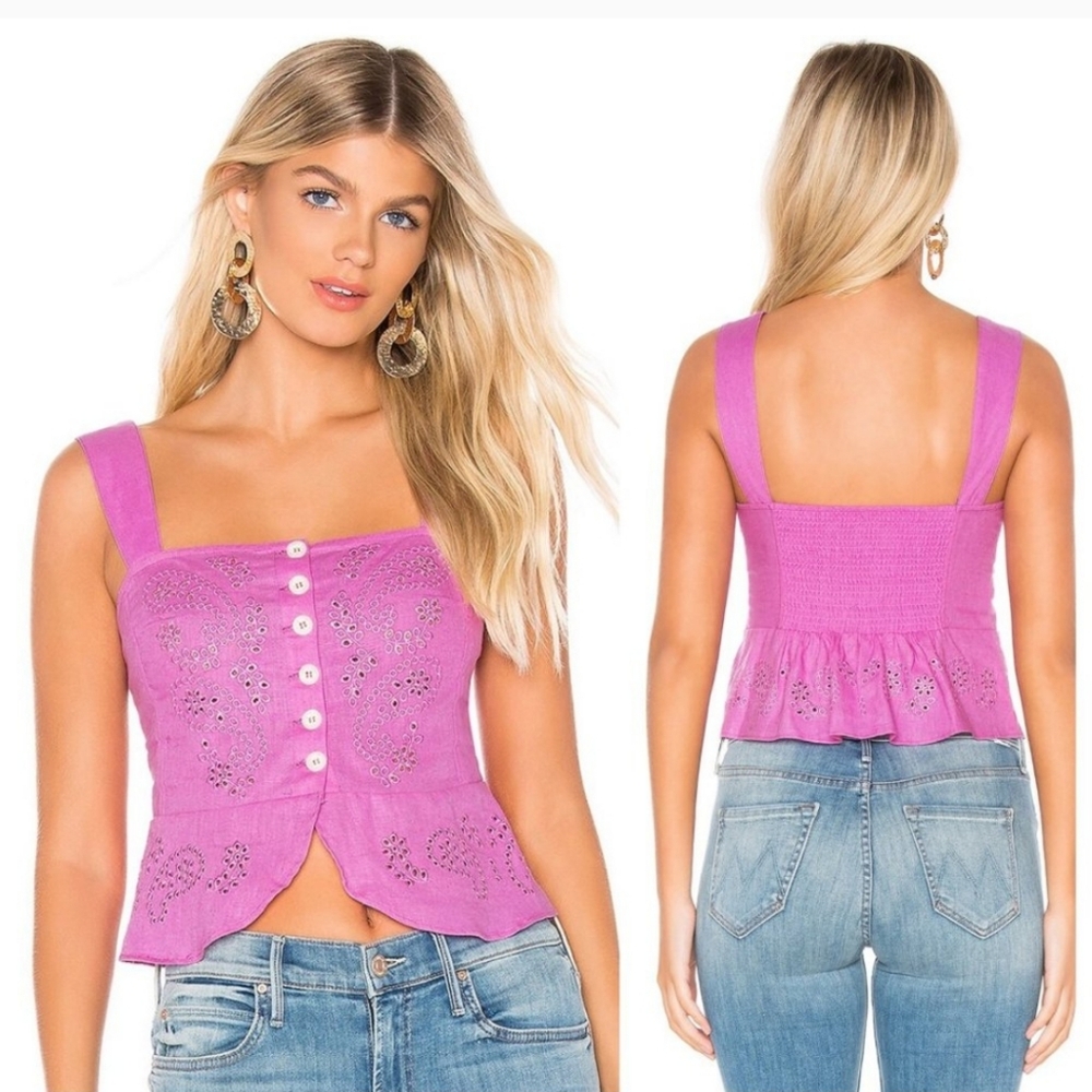 Free people cropped smocked purple top voile embroidery linen small nwot